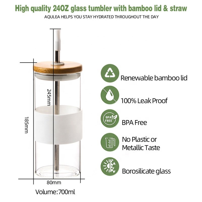 2023 new design 24OZ 700ml glass tumbler juice glass cup with bamboo lid and straw