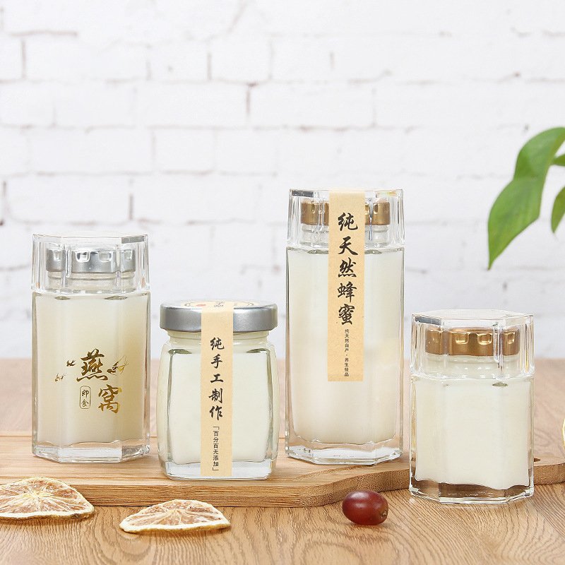 High-grade bird's nest jar glass High-temperature jam glass bottle hexagon honey pickle bottle