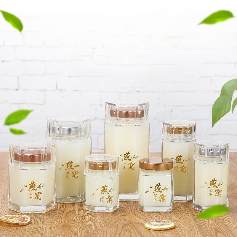 High-grade bird's nest jar glass High-temperature jam glass bottle hexagon honey pickle bottle