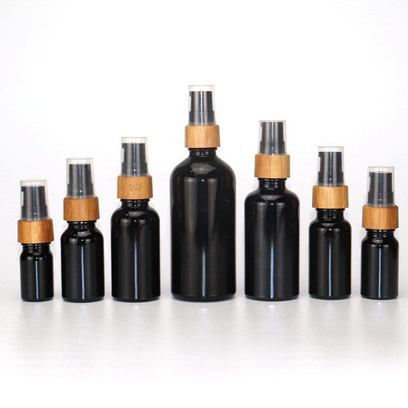 black glass bottle 100ml 50ml 30 ml 20 ml empty cosmetic bottle 15 ml 10 ml cosmetic serum bottle with bamboo spray pump