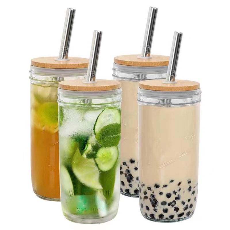 Mason customize Glass cup glass bottle wooden lid with silicone ring mason bottle wooden lid straw high borosilicate milk mug