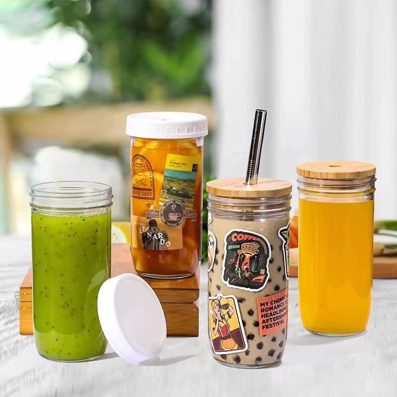 Mason customize Glass cup glass bottle wooden lid with silicone ring mason bottle wooden lid straw high borosilicate milk mug