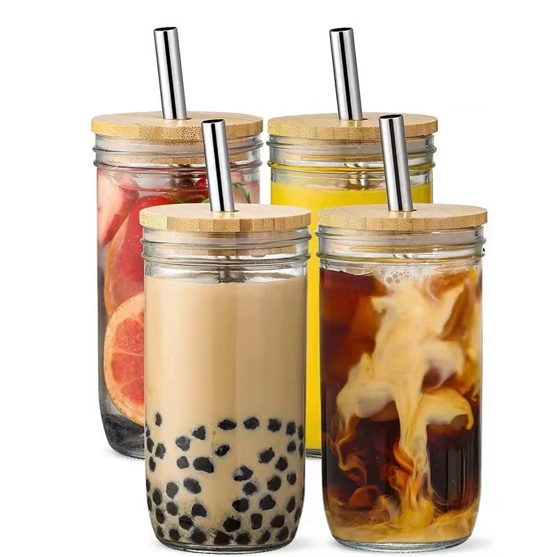 Mason customize Glass cup glass bottle wooden lid with silicone ring mason bottle wooden lid straw high borosilicate milk mug