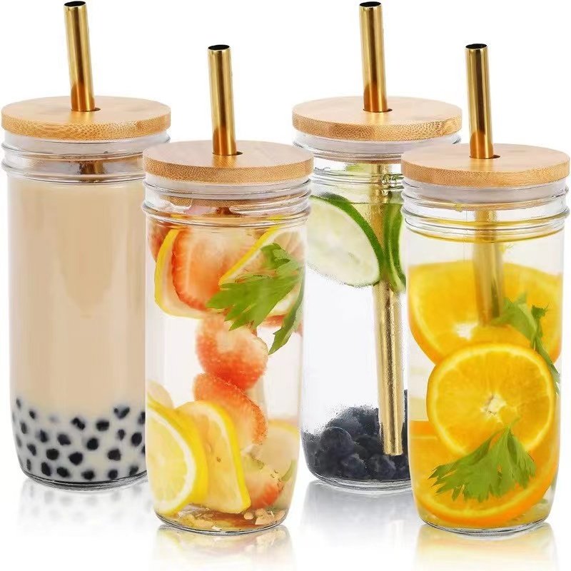 Mason customize Glass cup glass bottle wooden lid with silicone ring mason bottle wooden lid straw high borosilicate milk mug