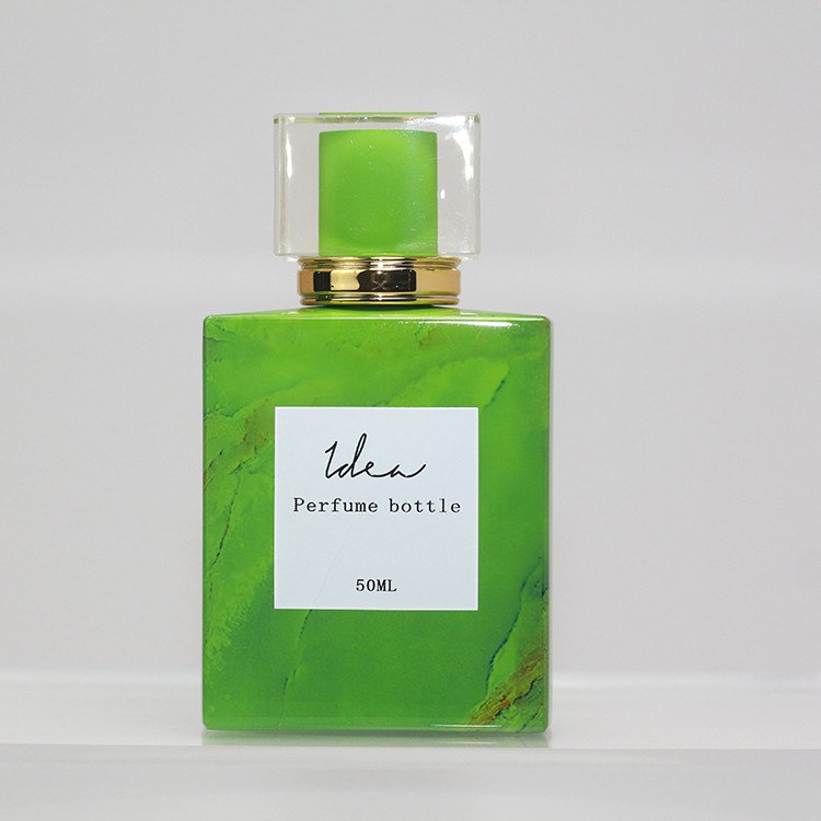 Custom Decoration Best Type Of Vacuum Heat Transfer Olive Green Marbling 75ml Perfume Glass Bottle With Spray-head