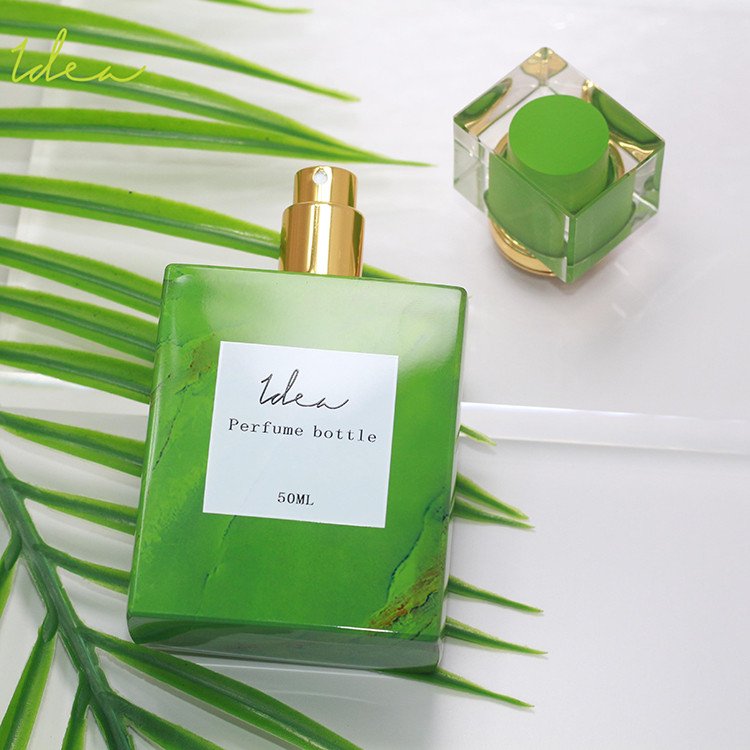 Custom Decoration Best Type Of Vacuum Heat Transfer Olive Green Marbling 75ml Perfume Glass Bottle With Spray-head