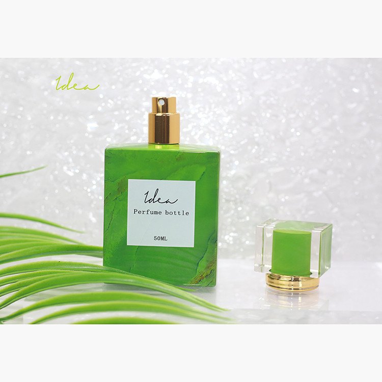 Custom Decoration Best Type Of Vacuum Heat Transfer Olive Green Marbling 75ml Perfume Glass Bottle With Spray-head