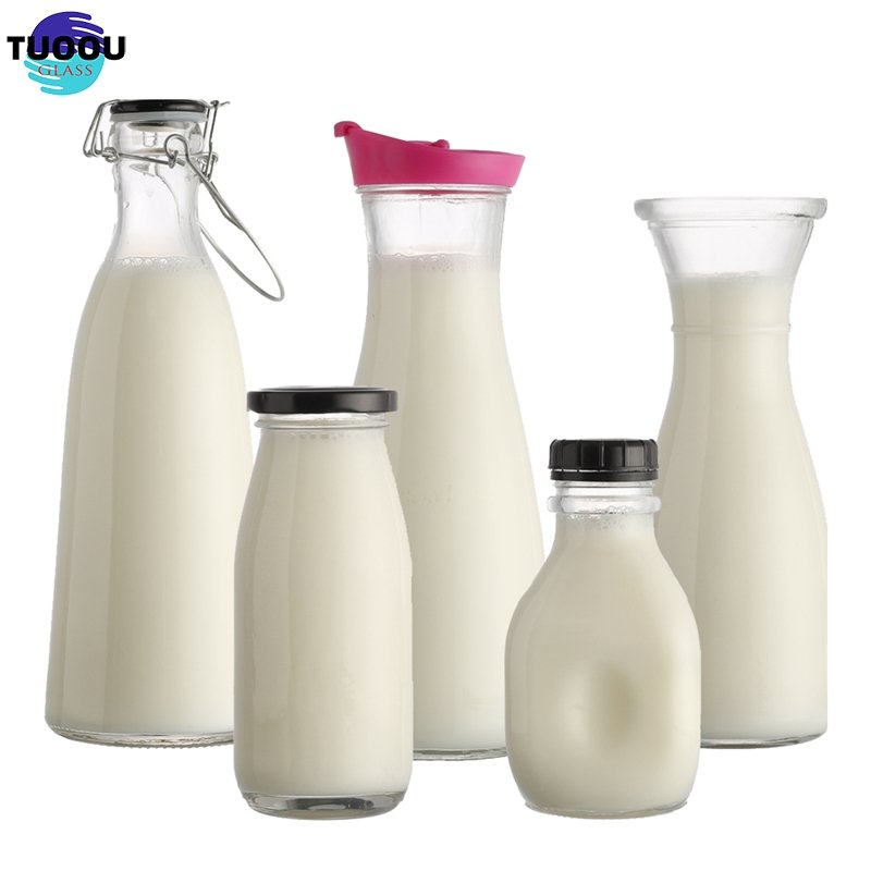 Hot selling drink bottle 200ml 250ml 500ml 1 liter glass beverage wholesale empty milk juice bottles container