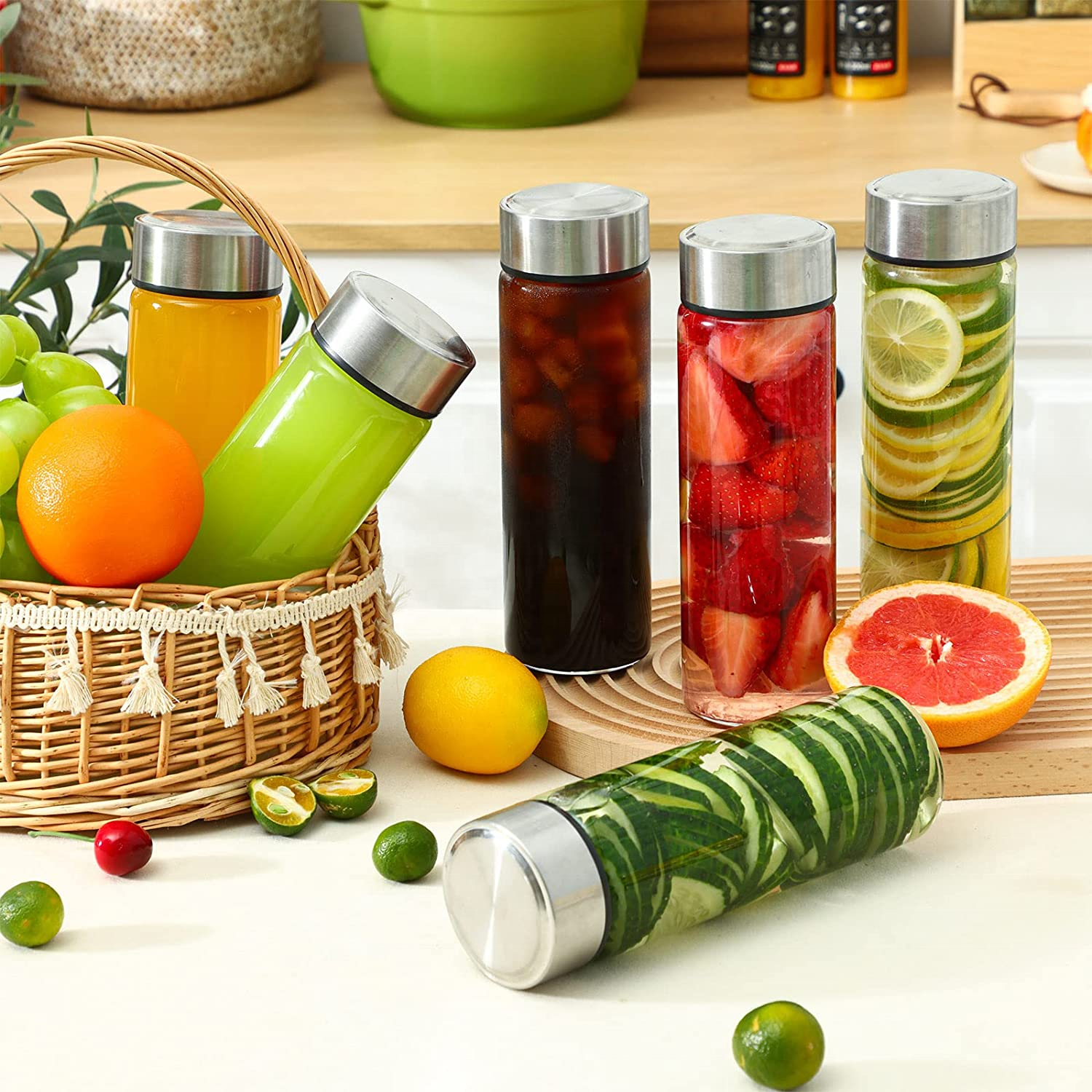 wholesale straight side cylinder 375ml 500ml 750ml 1L glass water bottle mineral water glass bottle with cap