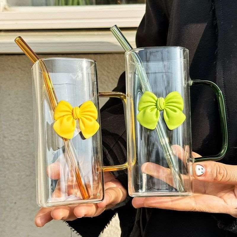 400ml Square Shape Bowknot Bow Design Girl Best Gift For Friend Glass Bottle Cup With Straw