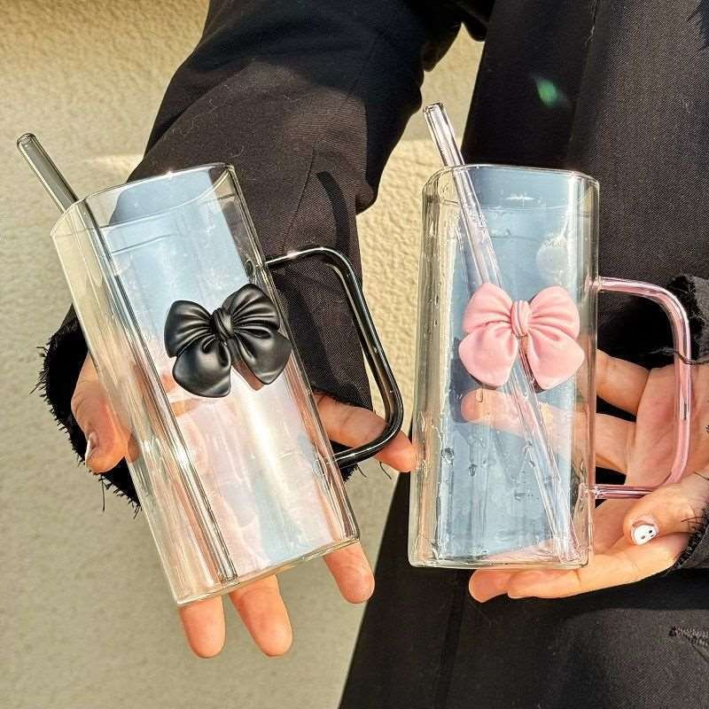 400ml Square Shape Bowknot Bow Design Girl Best Gift For Friend Glass Bottle Cup With Straw