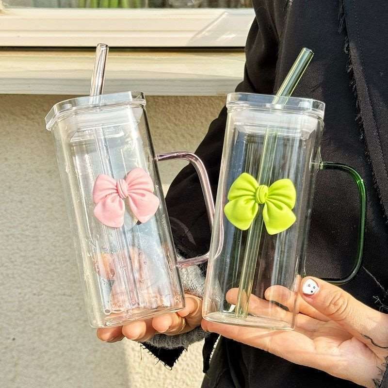 400ml Square Shape Bowknot Bow Design Girl Best Gift For Friend Glass Bottle Cup With Straw