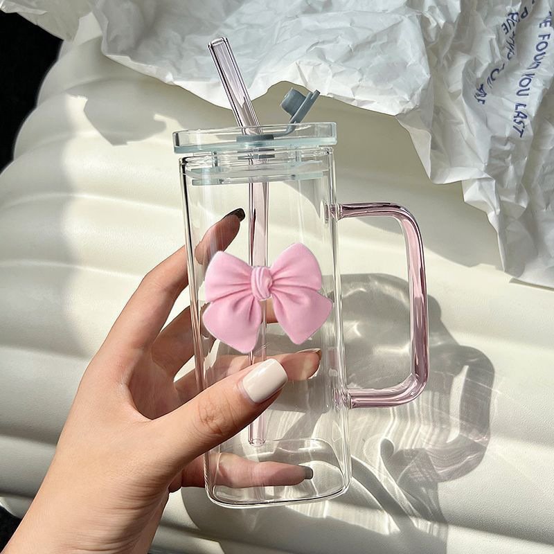 400ml Square Shape Bowknot Bow Design Girl Best Gift For Friend Glass Bottle Cup With Straw