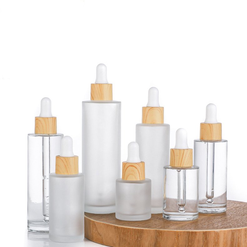 50ml Frosted flat shoulder Korean skincare cosmetic packaging glass empty bottle with Wood grain plastic dropper ring