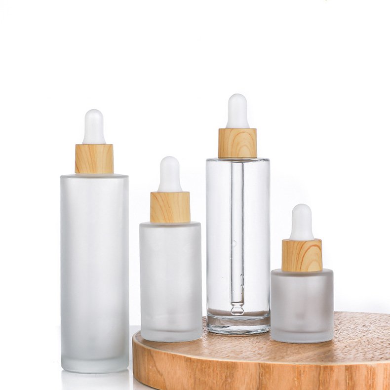 50ml Frosted flat shoulder Korean skincare cosmetic packaging glass empty bottle with Wood grain plastic dropper ring
