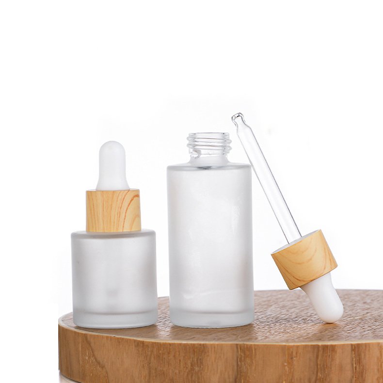 50ml Frosted flat shoulder Korean skincare cosmetic packaging glass empty bottle with Wood grain plastic dropper ring
