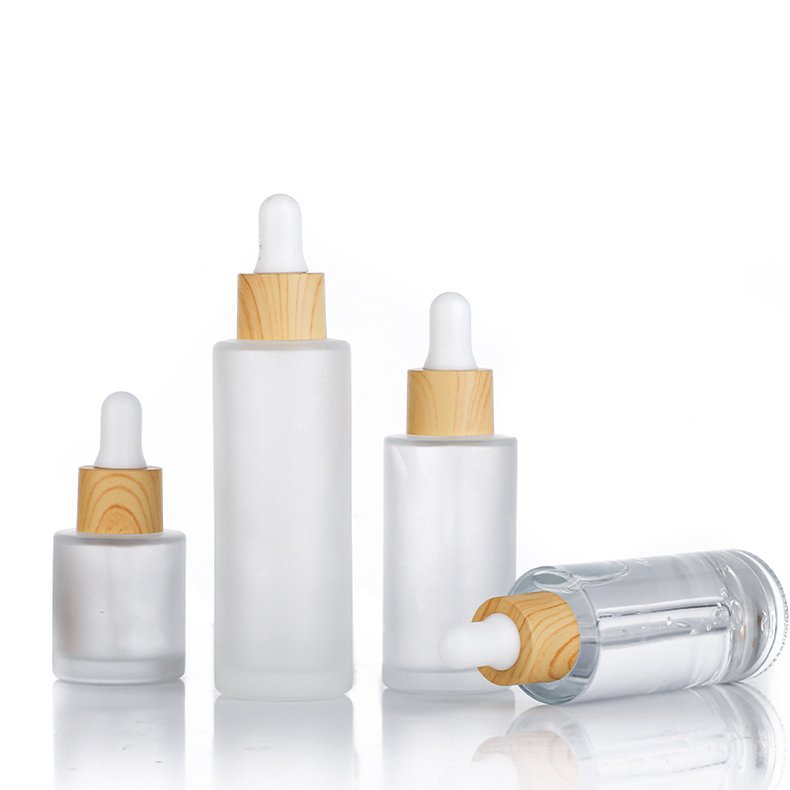 50ml Frosted flat shoulder Korean skincare cosmetic packaging glass empty bottle with Wood grain plastic dropper ring