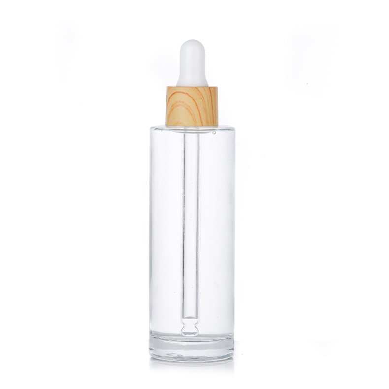 50ml Frosted flat shoulder Korean skincare cosmetic packaging glass empty bottle with Wood grain plastic dropper ring
