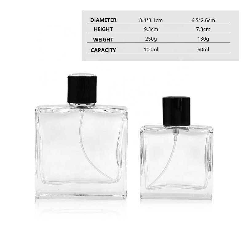 Factory direct sale 50ml 100ml luxury empty transparent square cosmetic bottle perfume glass bottle with pump sprayer