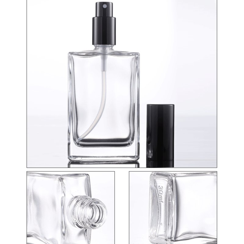 Clear Square Perfume Glass Bottle Aluminum Atomizer Spray Pump Fast Shipping 15ml 30ml 50ml 100ml Cosmetic Screen Printing 000