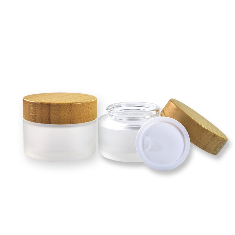 Bamboo cap empty cosmetic 30ml 50ml 100ml 150ml clear frosted glass cream jar glass lotion toner spray bottle for cosmetic