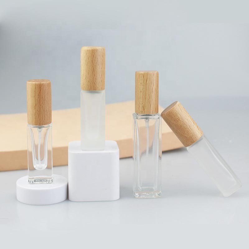 5ML Square Refillable Perfume Spray Bottles Transparent Frosted Glass Cosmetics Spray Bottle Sample Tester Vials With Wood Lids