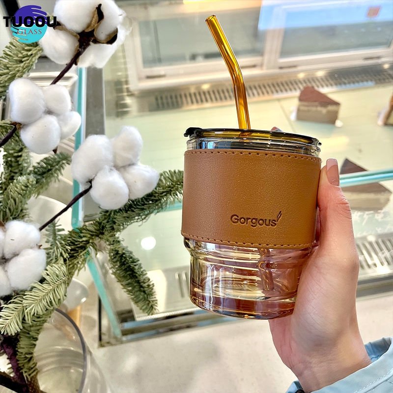 In Stock Wholesale 450ml Cold Brew Milk Coffee Tea Color Bamboo Joint Glass Water Tumbler Cup With Lid And Straw