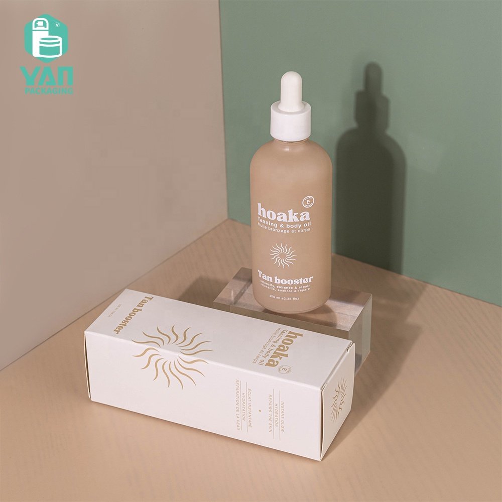 YAN Packaging 100ml Big Round Paint Beige Body Essential Hair Oil Lotion Plastic Dropper Glass Bottle White Square Paper Box