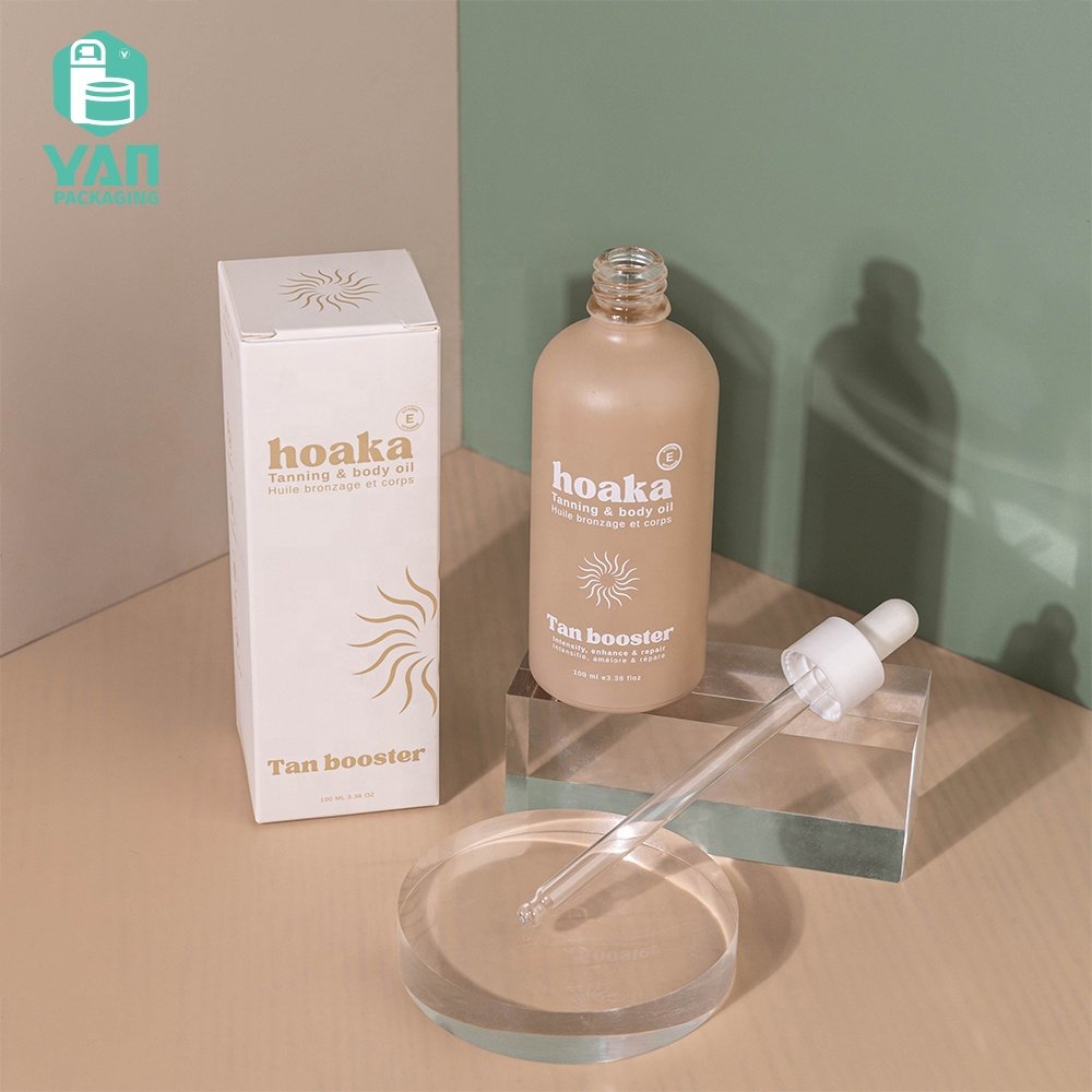 YAN Packaging 100ml Big Round Paint Beige Body Essential Hair Oil Lotion Plastic Dropper Glass Bottle White Square Paper Box