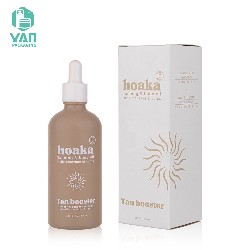 YAN Packaging 100ml Big Round Paint Beige Body Essential Hair Oil Lotion Plastic Dropper Glass Bottle White Square Paper Box