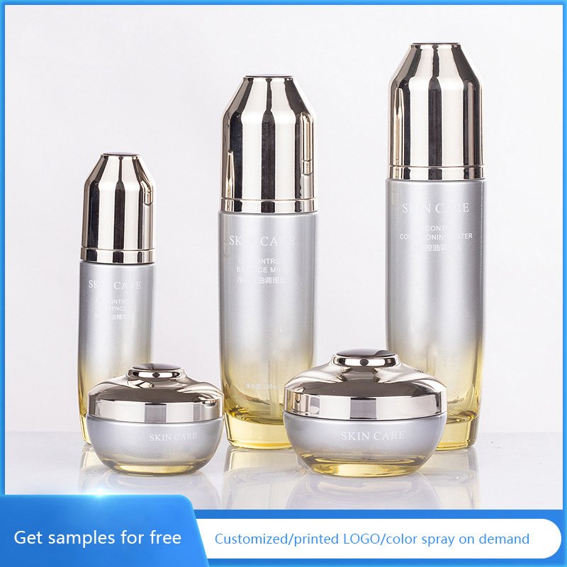 Luxury 40 100 120 ML 30 50 G empty round silver cosmetic face lotion cream glass bottle jar package set with lotion pump