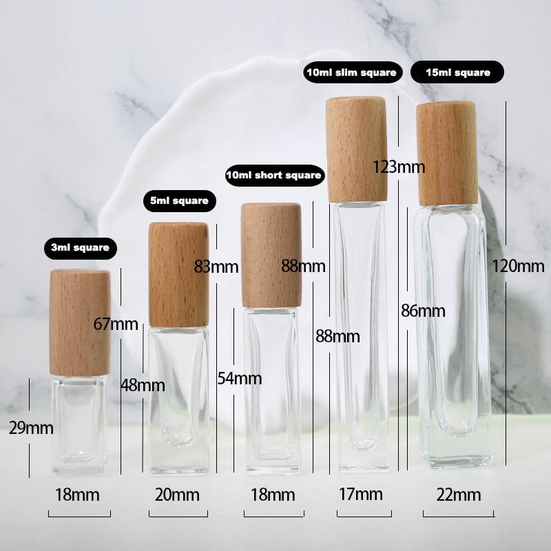 3ml 5ml 10ml 15ml Frosted Square Glass Bottle Essential Oil Drop Vials And Small Spray Bottle Roll On Glass Bottles Wood Cap