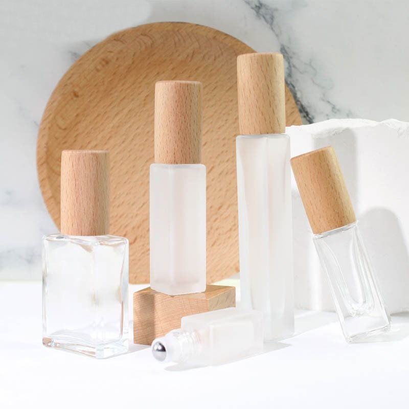 3ml 5ml 10ml 15ml Frosted Square Glass Bottle Essential Oil Drop Vials And Small Spray Bottle Roll On Glass Bottles Wood Cap
