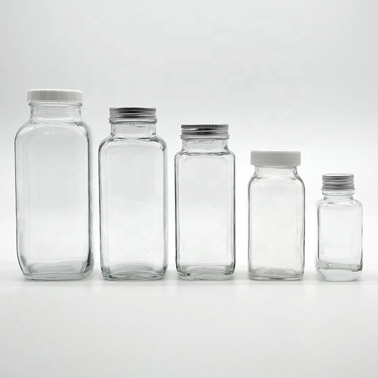 2oz 4oz 6oz 8oz 12oz 16oz Glass Juicer Bottles French Square Bottles with Plastic or Metal Lid For Milk Juice Skincare
