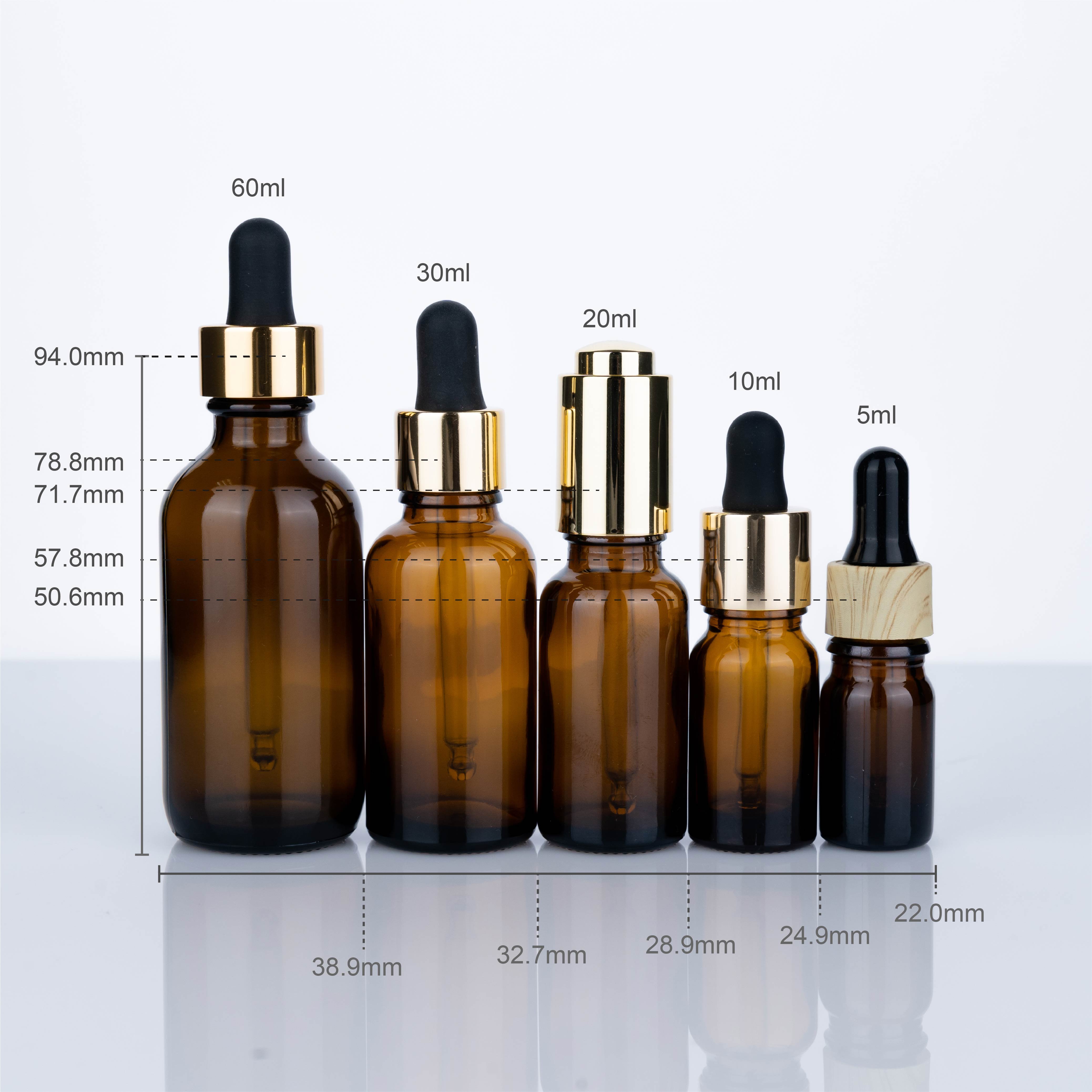 Custom Cosmetic Packaging Amber Glass Bottles for Essential Oils in 60ml 30ml 20ml 10ml and 5ml Sizes for Luxury Products