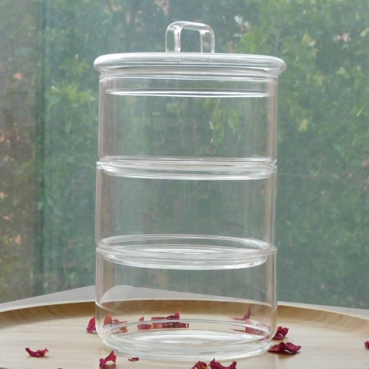Multilayer Stackable Glass Bottle Jar Handmade Borosilicate Glass Canister Jar Bamboo Wood Food Storage Container