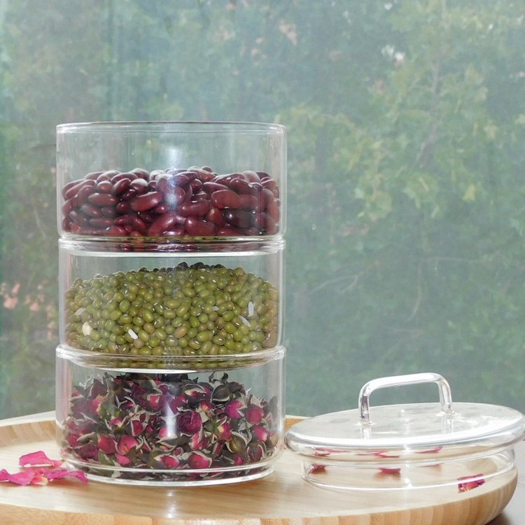 Multilayer Stackable Glass Bottle Jar Handmade Borosilicate Glass Canister Jar Bamboo Wood Food Storage Container