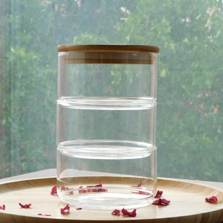 Multilayer Stackable Glass Bottle Jar Handmade Borosilicate Glass Canister Jar Bamboo Wood Food Storage Container