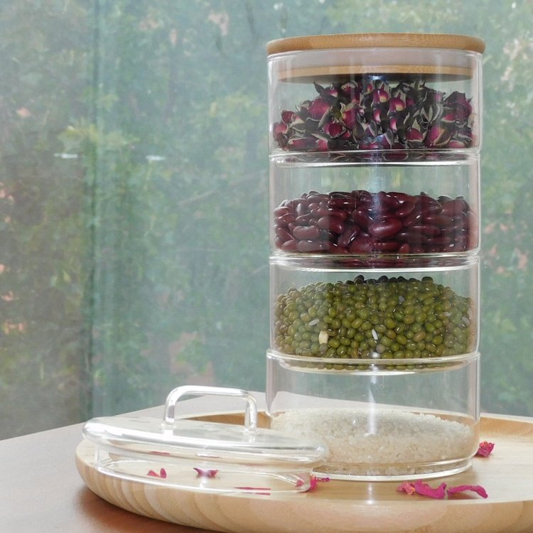 Multilayer Stackable Glass Bottle Jar Handmade Borosilicate Glass Canister Jar Bamboo Wood Food Storage Container