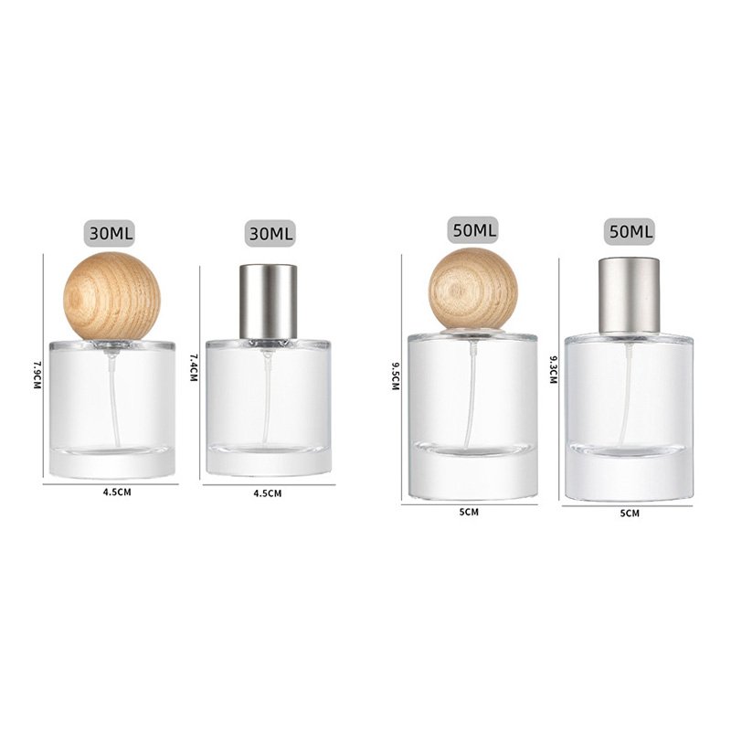 New Style 30ml Luxury Glass Perfume Bottle Cylinder Shape 50ml Clear Spray Glass Bottle With Wooden Lid
