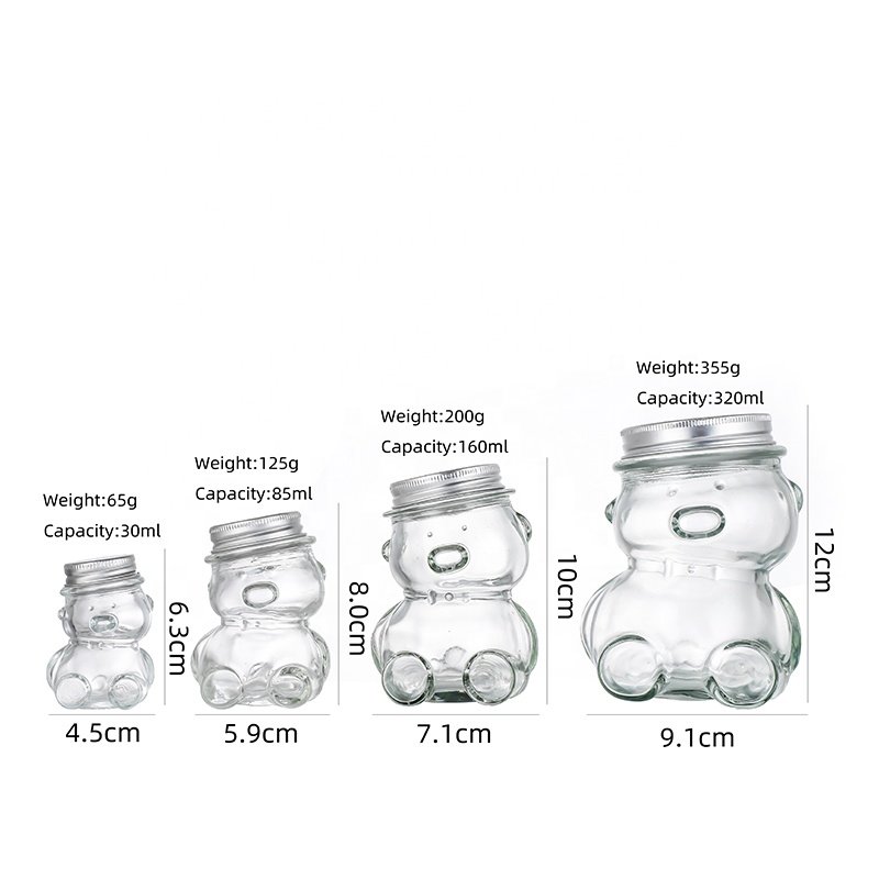 Unique Cartoon Shape Glass Bottle 30ml 85ml 160ml 320ml Bear Kitty Doraemon Glass Bottle for Candy Food Honey