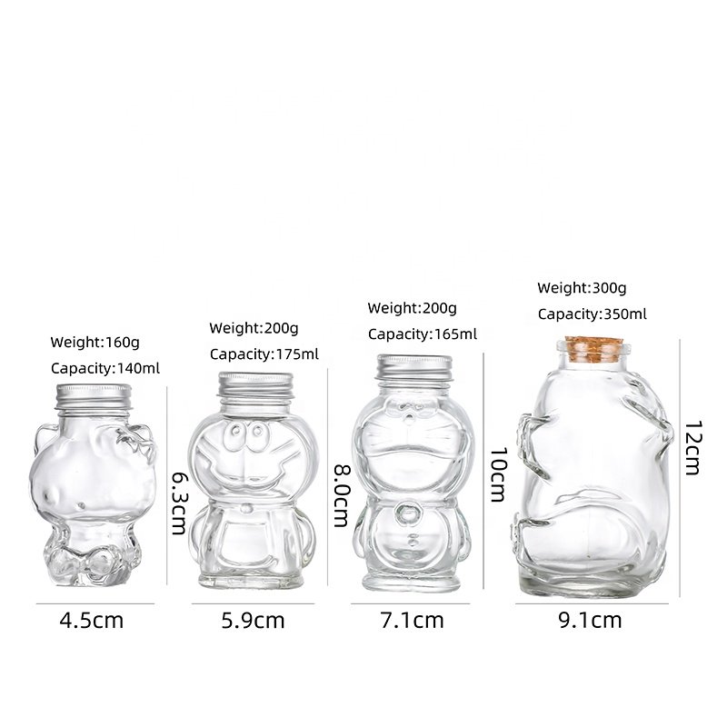Unique Cartoon Shape Glass Bottle 30ml 85ml 160ml 320ml Bear Kitty Doraemon Glass Bottle for Candy Food Honey