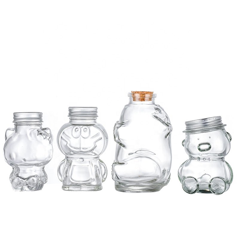 Unique Cartoon Shape Glass Bottle 30ml 85ml 160ml 320ml Bear Kitty Doraemon Glass Bottle for Candy Food Honey