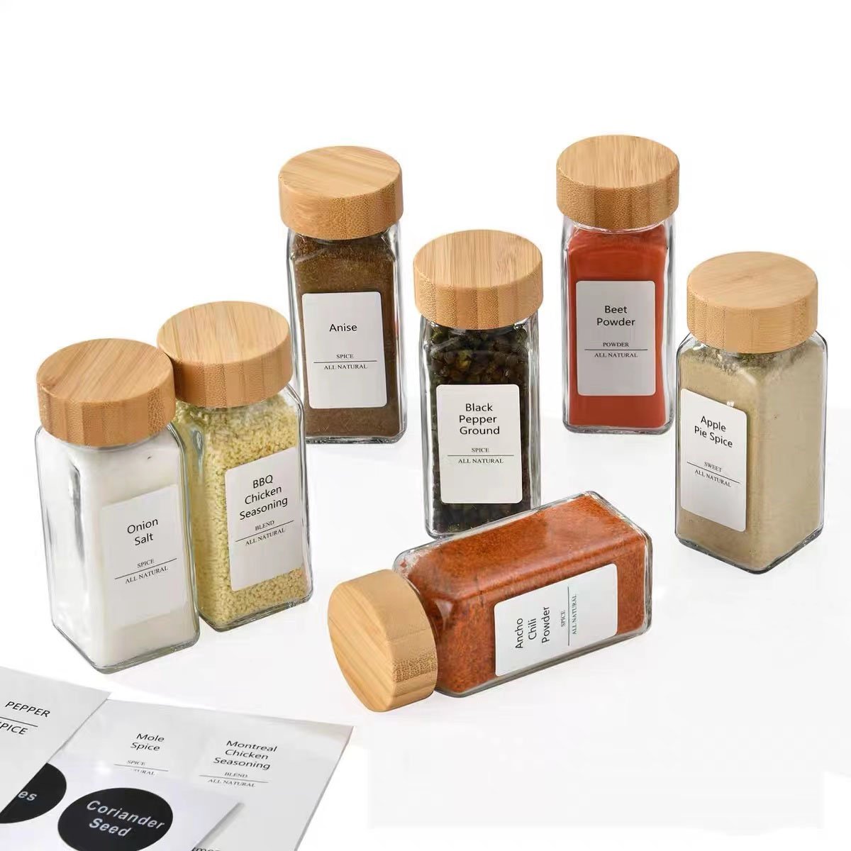 Food Grade shaker bottle 4oz 120ml square spice shaker glass bottle container with bamboo lid