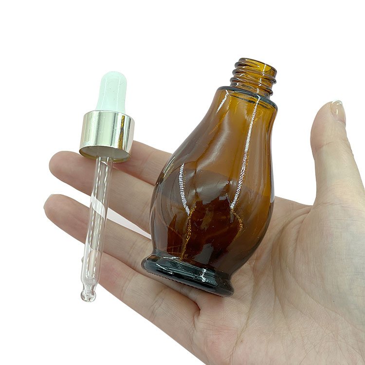 High quality 10ml 20ml 30ml 50ml 100ml amber single gourd glass essential oil bottle with aluminium dropper