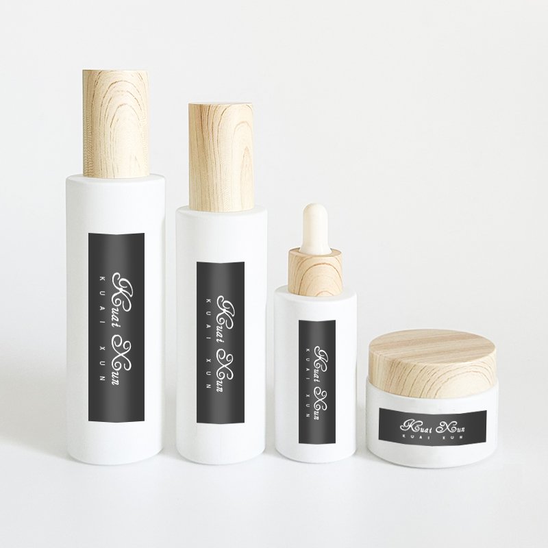 Round Lotion Pump Spray Emulsion Skincare Body Moisturizing Oil Glass Bottle And Jar Set With Wood Grain Lid