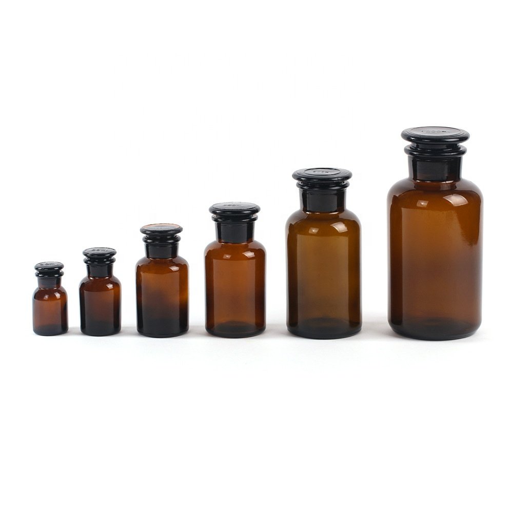 30ml 60ml 125ml 250ml 500ml 1000ml Medicine Amber Glass Wide Mouth Reagent Bottle with Ground-in Glass Frosted Stopper