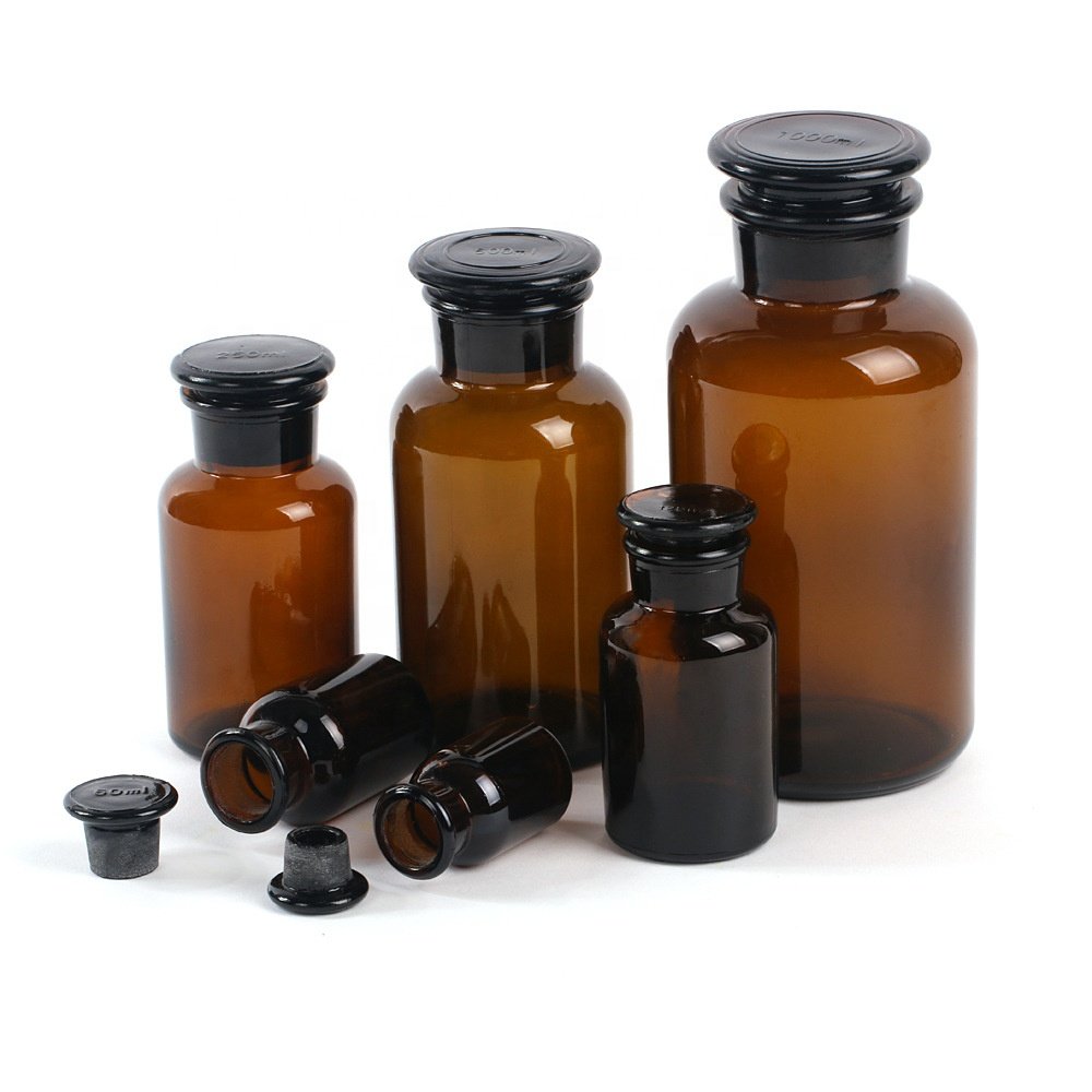 30ml 60ml 125ml 250ml 500ml 1000ml Medicine Amber Glass Wide Mouth Reagent Bottle with Ground-in Glass Frosted Stopper