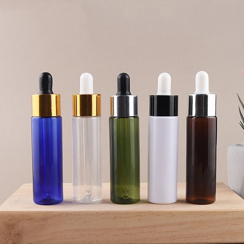 Factory price Blue green amber white transparent round 30ML essential oil plastic dropper bottle