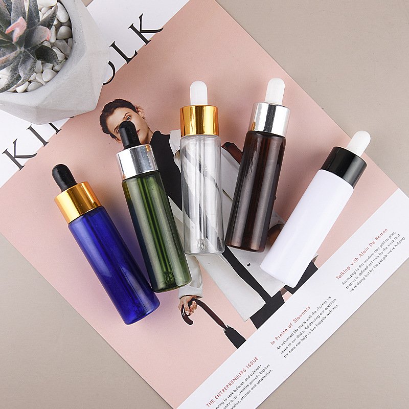 Factory price Blue green amber white transparent round 30ML essential oil plastic dropper bottle